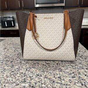 Michael Kors Two-Tone Logo Tote in Brown, Cream and Tan